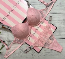 Victoria s Secret Shine Strap Lace Push-Up Bra Thong Set Pretty Blossom