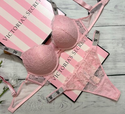 Victoria's Secret Shine Strap Lace Push-Up Bra Thong Set Pretty