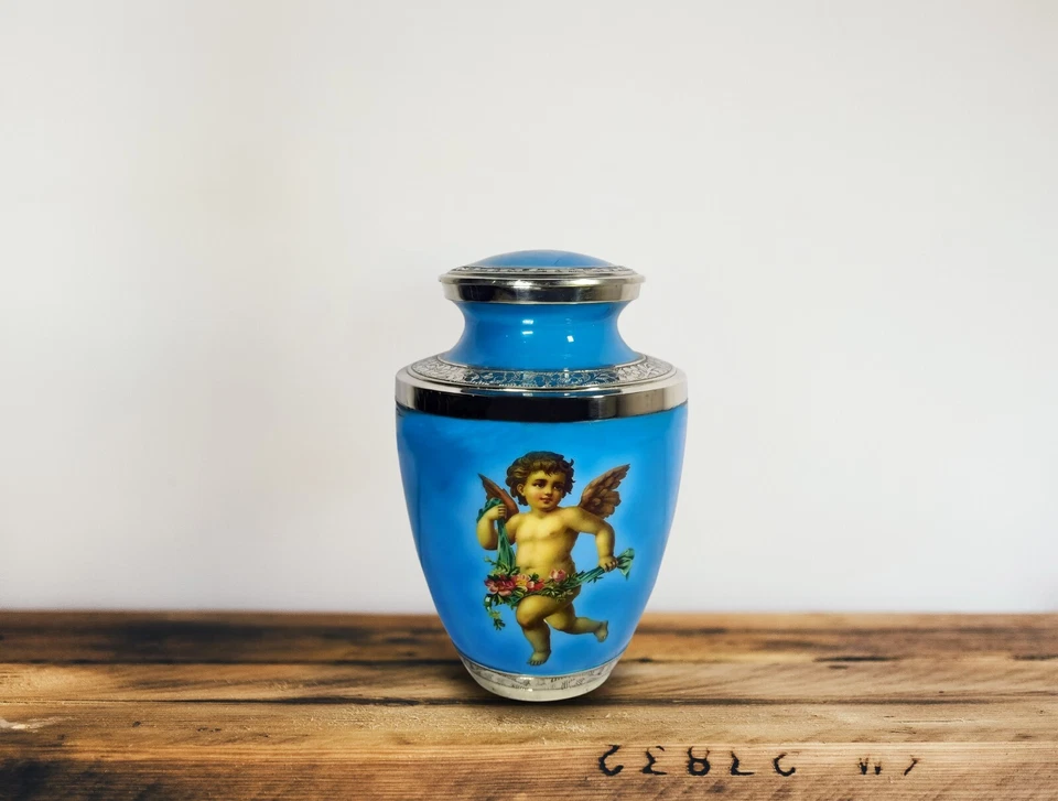 Urne de crémation bleue gravée par ange en aluminium funéraire pour cendres h... - Photo 4/4