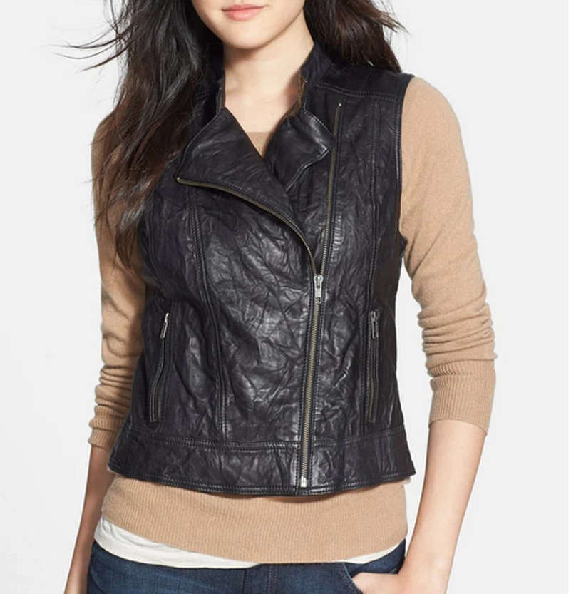 Halogen Crinkled Genuine Leather Moto Vest Black M NWT 258