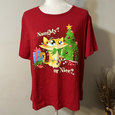 Christmas Cat Naughty Or Nice T-shirt Women Short Sleeve Novelty Holiday Sz 2XL