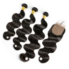 Natural Black Body Wave Human hair 3 Bundles With 4 4 Free Part Closure
