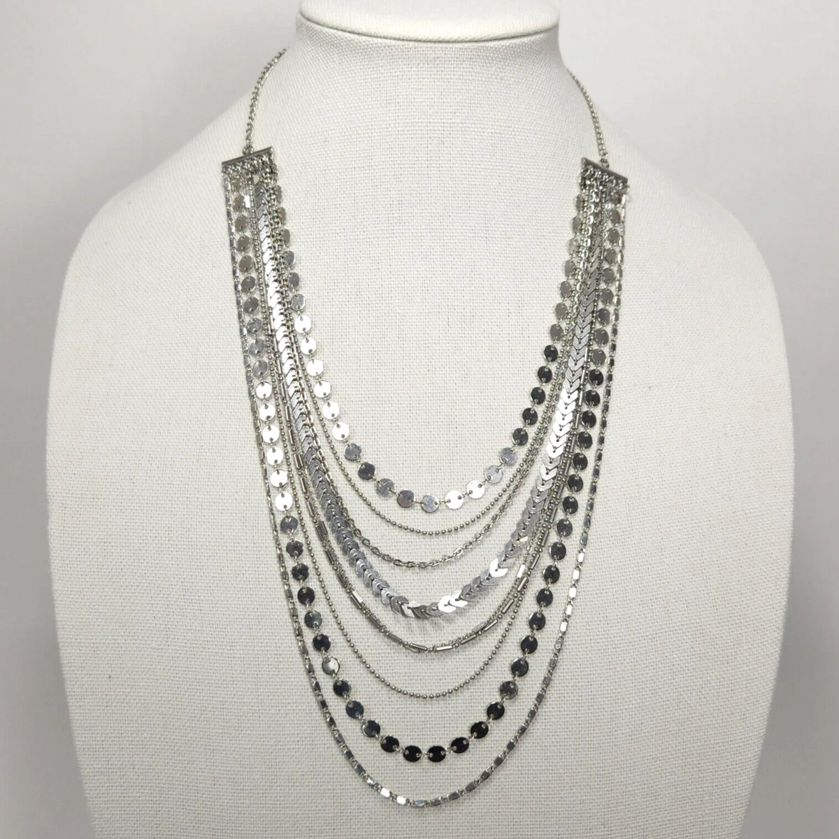 Multi Layered Necklace Chain Silver Tone 28