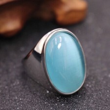 Vintage Oval Blue Opal Stone Wedding Ring Stainless Steel Men Women Retro Ring
