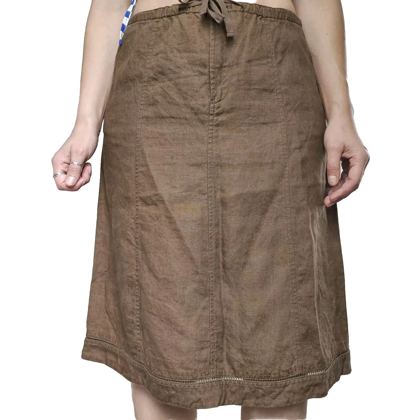 Eddie Bauer 100% Linen Brown Skirt A-line Size S Midi w/ Pockets Drawstring