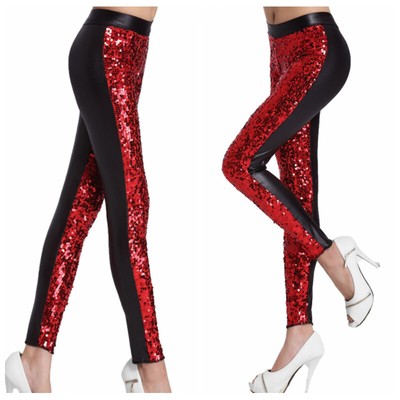 Lady Sequin Leather Legging Trouser Pants Glitter Skinny High Waist Stretch  | eBay