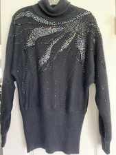 Vintage Sarah Taylor Black Knit Sequin Beaded Turtleneck Sweater Silk Angora S8