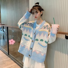 Women Girl Knitted Sweater Cardigan Coat Jacket Cute Kawaii Preppy Loose Winter