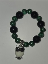 Beaded Bracelet HANDMADE green and black with OWL charm STRETCH BRACELET