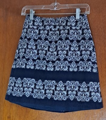 Hobbs London Navy/White Floral Jacquard Weave Cotton A-Line Skirt