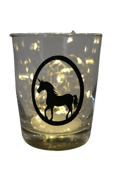"Deko Teelicht Glas Windlicht Print \"Einhorn Im Ei\" Schwarz Glitzer Handmade"-image