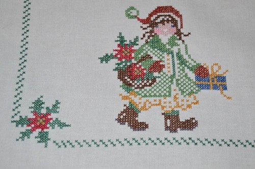 CHRISTMAS GIRL & BASKET OF HOLIDAY POINSETTIAS! VTG GERMAN HAND EMB TABLECLOTH - Picture 4 of 7
