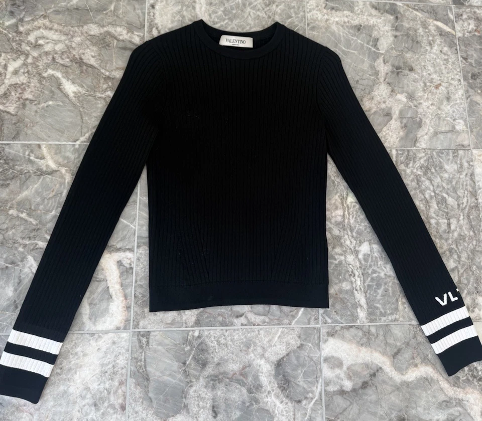 VALENTINO Top Acanalado Negro Manga Negro/Blanco Rayas Logo Talla SM Foto 2 de 4