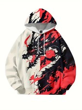 3D Abstract Dragon Hoodie Red Black Ink Splash Graphic Pullover Sweatshirt