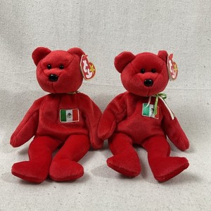 Ty Beanie Baby Buddy Red OSITO Bear with Mexican Flag 1999  lot of 2