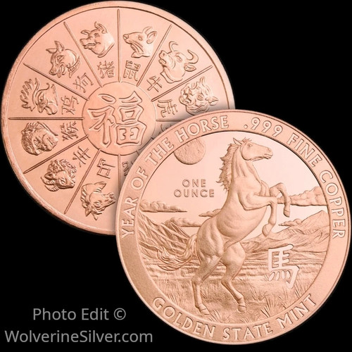1 Oz. Solid .999 Fine Copper Round - Year of the Horse - Golden State Mint