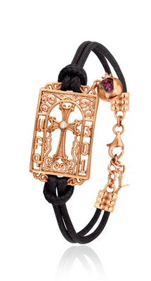 Armenian Khachkar 18k GOLD  w/ brown leather bracelet  POMEGRANATE by Yeprem NEW