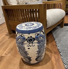 ORIENTAL CHINESE OKA STYLE BLUE AND WHITE CERAMIC SEAT WITH DRAGON MOTIF