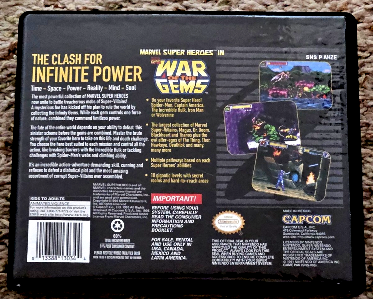 Marvel Super Heroes in War of the Gems Super Nintendo SNES Case