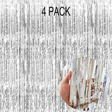 4 Pack Silver Foil Fringe Curtain - Metallic Tinsel Streamer Backdrop for Birthd