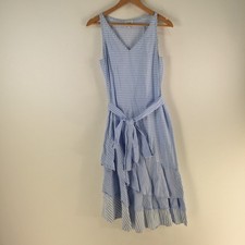 Seed Heritage dress womens 8 midi slip blue striped sleeveless Vneck belt 122179