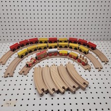 Lot of 45 Wooden Train Track Set Bridge Cars Signs Trees Cart