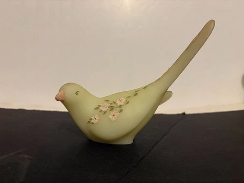 Fenton Vaseline Uranium Custard Longtail Floral Bird Signed