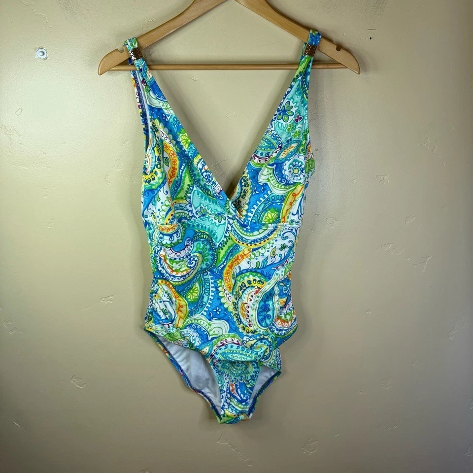 Traje de baño de una pieza Lauren Ralph Lauren talla 14 Carnivale Paisley - azul playa Foto 2 de 4