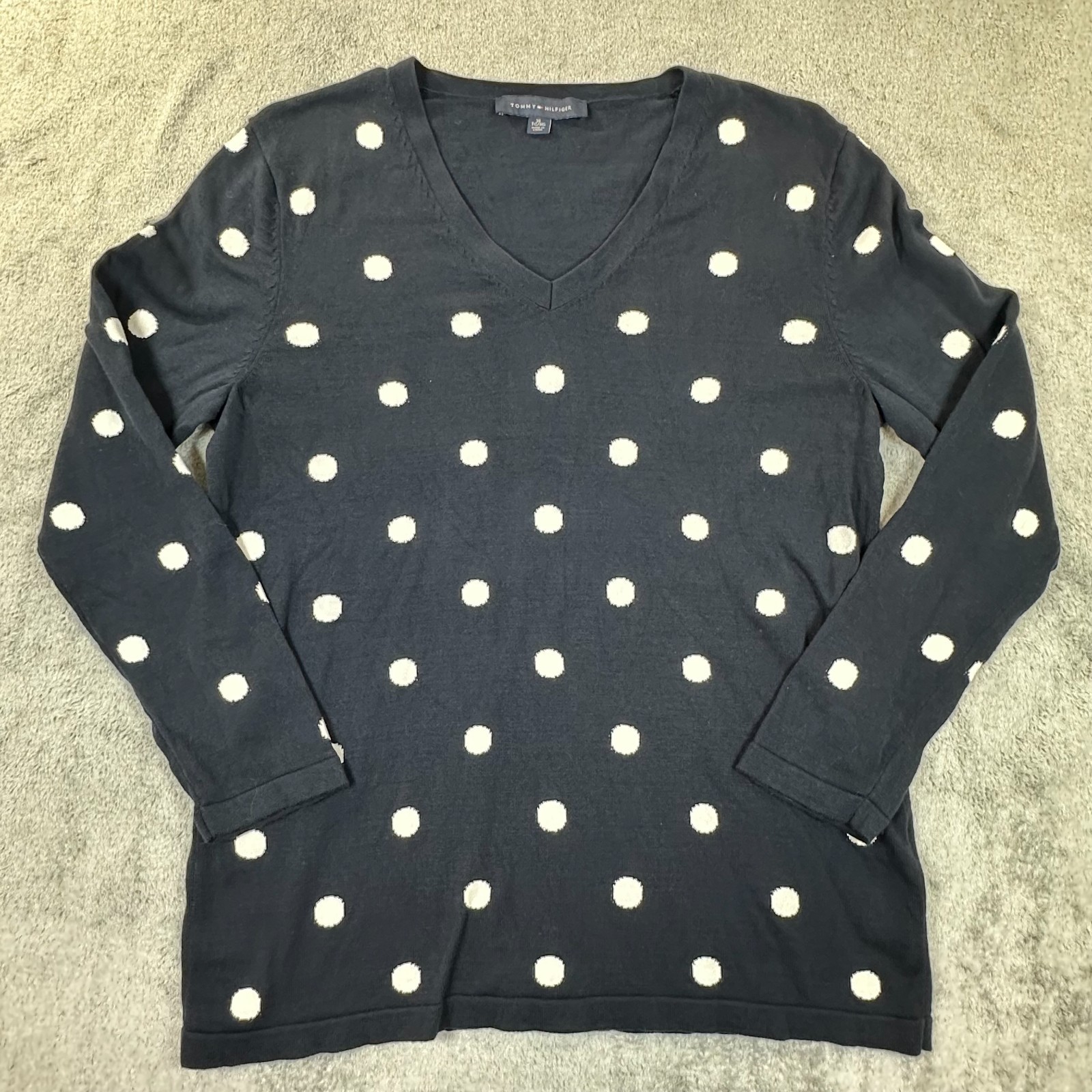 Tommy Hilfiger Sweater Women’s XL Navy White Polka Dot Cotton V-Neck