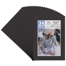Pack of 25, Acid-Black Pre-Cut 5x7 Picture Mat for 4x6 Photo with White Core ...