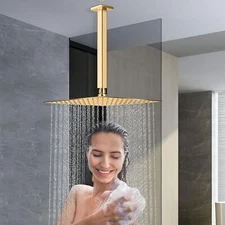 NearMoon 16in Chrome Gold High Flow Rainfall Shower Head w/12in Arm, New L1