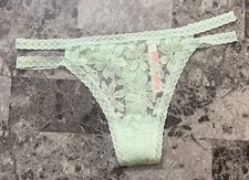 NWT VICTORIA'S SECRET PINK GREEN FLORAL LACE DOUBLE STRAPPY SIDE THONG PANTIES