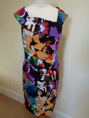 FRANK LYMAN BLACK AND MULTI FLORAL PRINT ASYMMETRIC NECK DRESS - SIZE 12 sfb10
