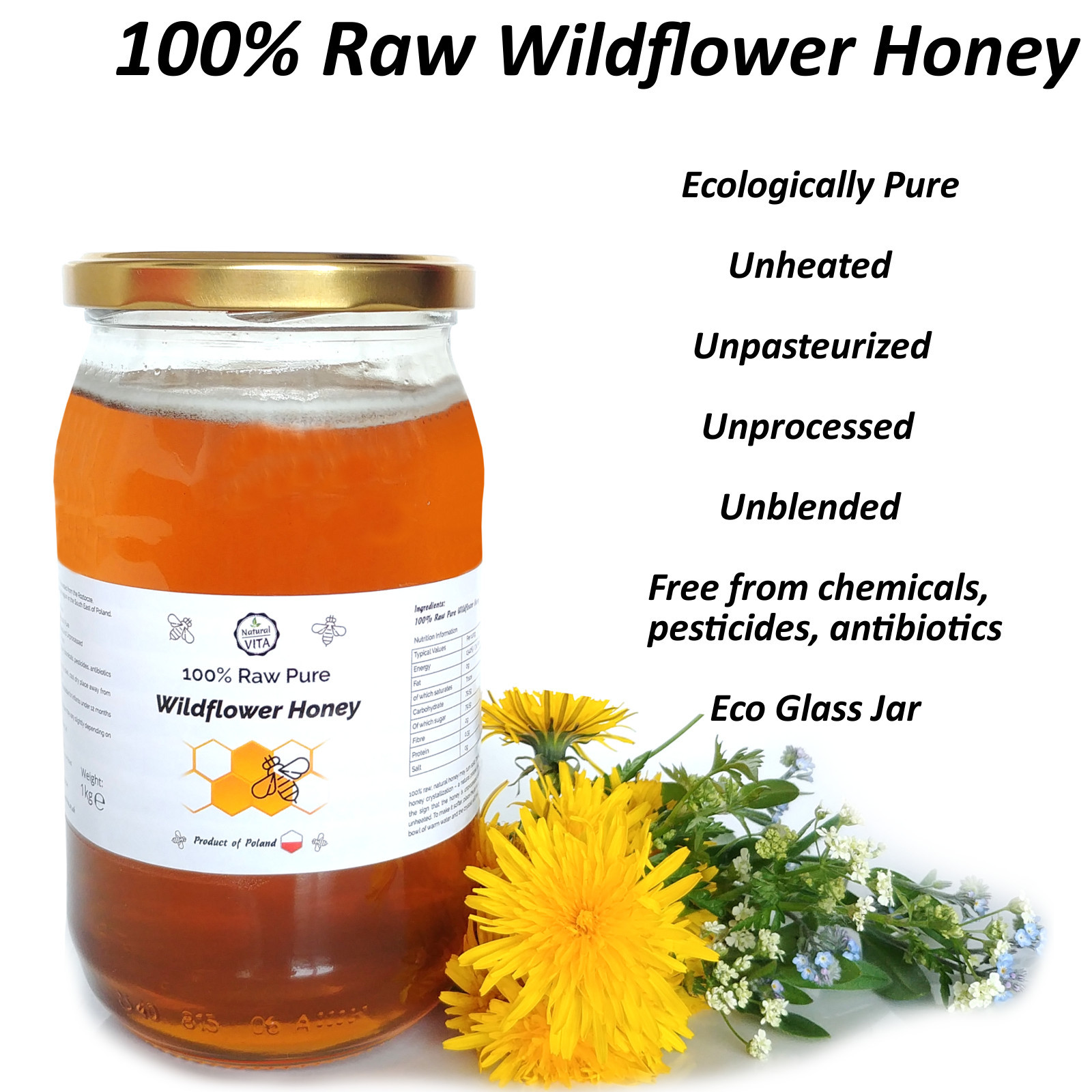 100% Raw Pure WILDFLOWER HONEY - Unheated, Unpasteurized, Unprocessed 1 kg