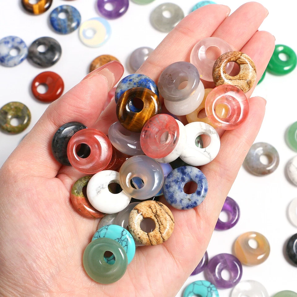 18mm Natural Gemstone Gogo Hole Donut Pendants Crystal Quartz DIY Jewelry Making - Image 3 of 4