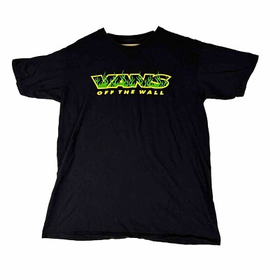 Y2K Vans Off The Wall T-Shirt Mens L Graphic Flaming Logo Black Skateboard