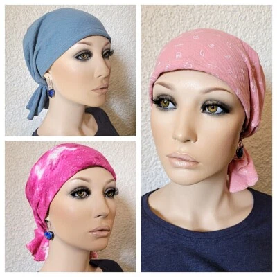 Bequeme Chemo MÜTZE KOPFTUCH BANDANA ohne Binden Tuch Musselin CHEMOMÜTZE Lilly - Bild 1 von 4