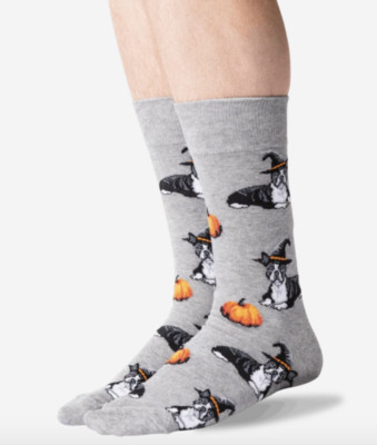 Men's Halloween Boston Terrier Socks Crew Shoe Size 6-10.5 Gray Hot Sox