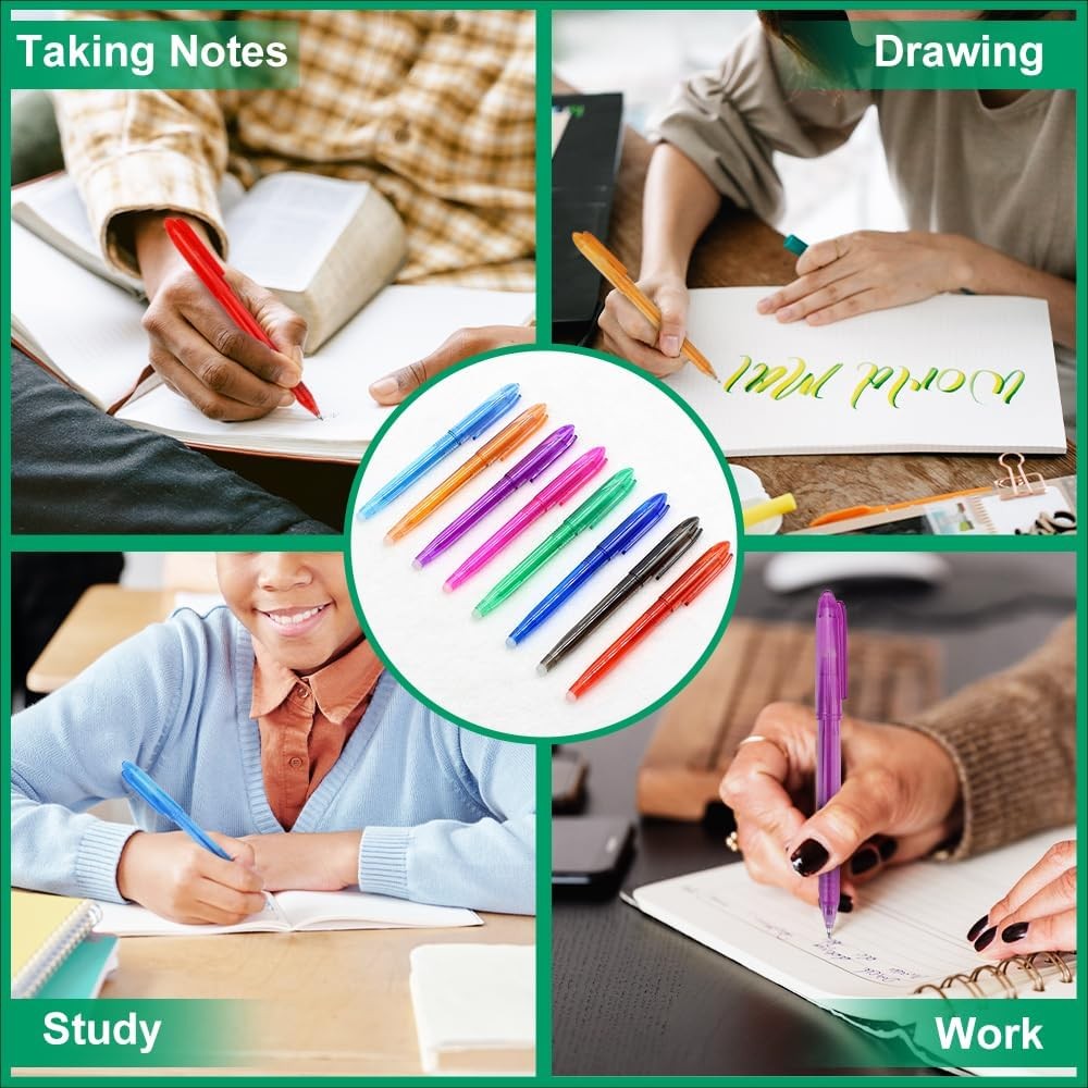 8-Color Pack Erasable Pens,0.5mm Frixion Gel Pens with 8 Refills and 2 Erasers,