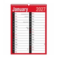2027 A4 Large Print Wall Calendar - 2 Column Month to View Spiral Bound Hangi...