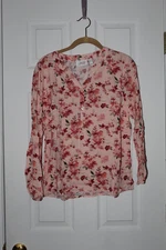Denim & Co. Printed V-Neck Long-Slv Blouse-Blush-Medium-NEW-A392138