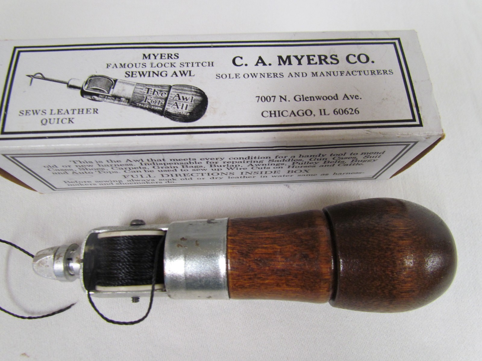 Vintage C.A. Myers Famous Lock Stitch Sewing "Awl For All" w/ Box Tool Needle