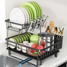 2 Tier Black Large Dish Drainer Drying Rack for Kitchen Sink with Drip Tray