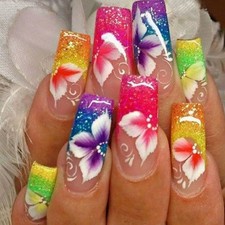Rainbow Glitter Hibiscus Press on Nails, Long Square Gradient Flower Fake Nails