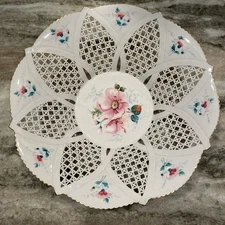 Vintage Romanian Reticulated Porcelain Fruit Bowl Hand Modeled, Hand Painted.