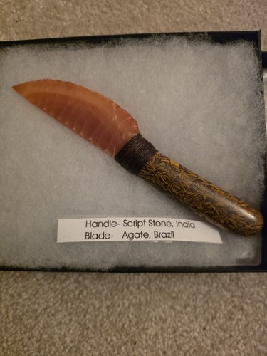 American art script stone & brazilian banded carnelian knife hand knapped 6"