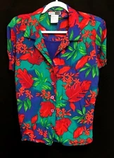 Jennifer Lauren 2X blue red HAWAIIAN LEAVES crinkle buttoned short sleeve top