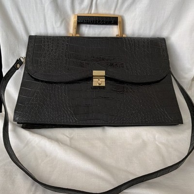 Veneto Black Croc Print Embossed Satchel Top Handle Bag Push Lock, Strap
