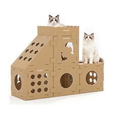 DIY Cardboard Cat House with Scratching Pad, Cat Tower Indoor Play House, Ver...
