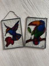 Stained Glass Lot Of 2 Hummingbird Parrot Window Hanging Suncatcher Metal Frame